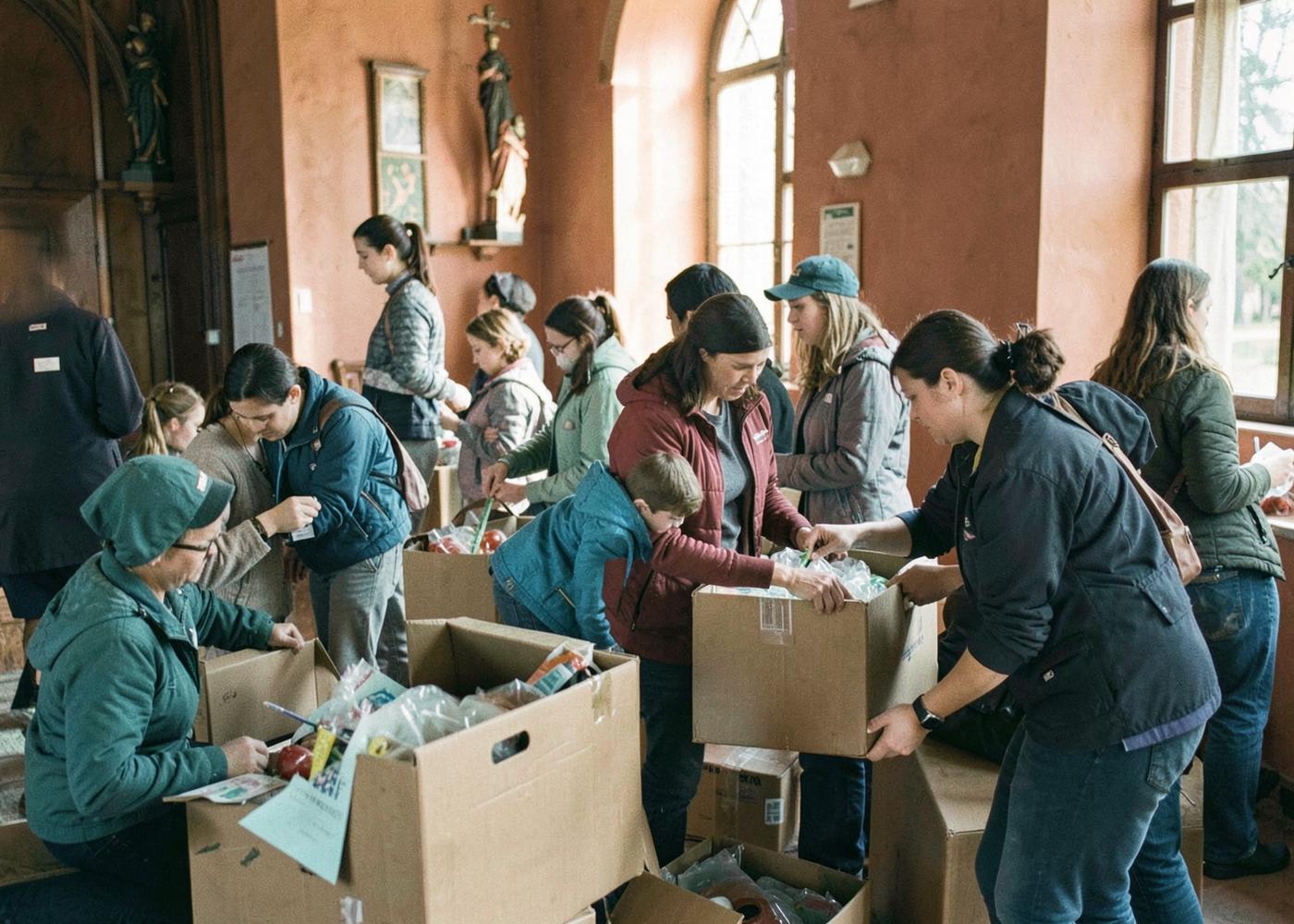 Voluntários organizando doações em um projeto social